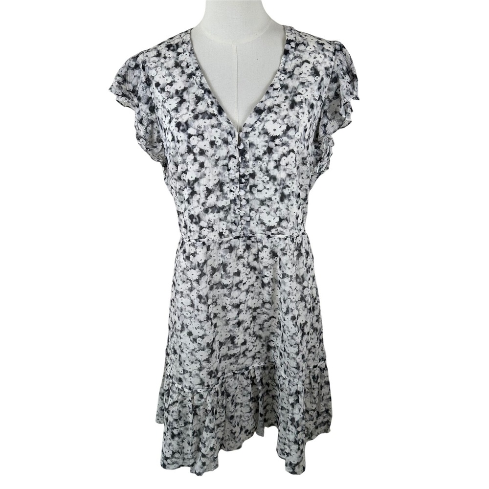 NWT Club Monaco Tiered Day Dress Women 12 Black Floral Mix Cottagecore Boho Midi